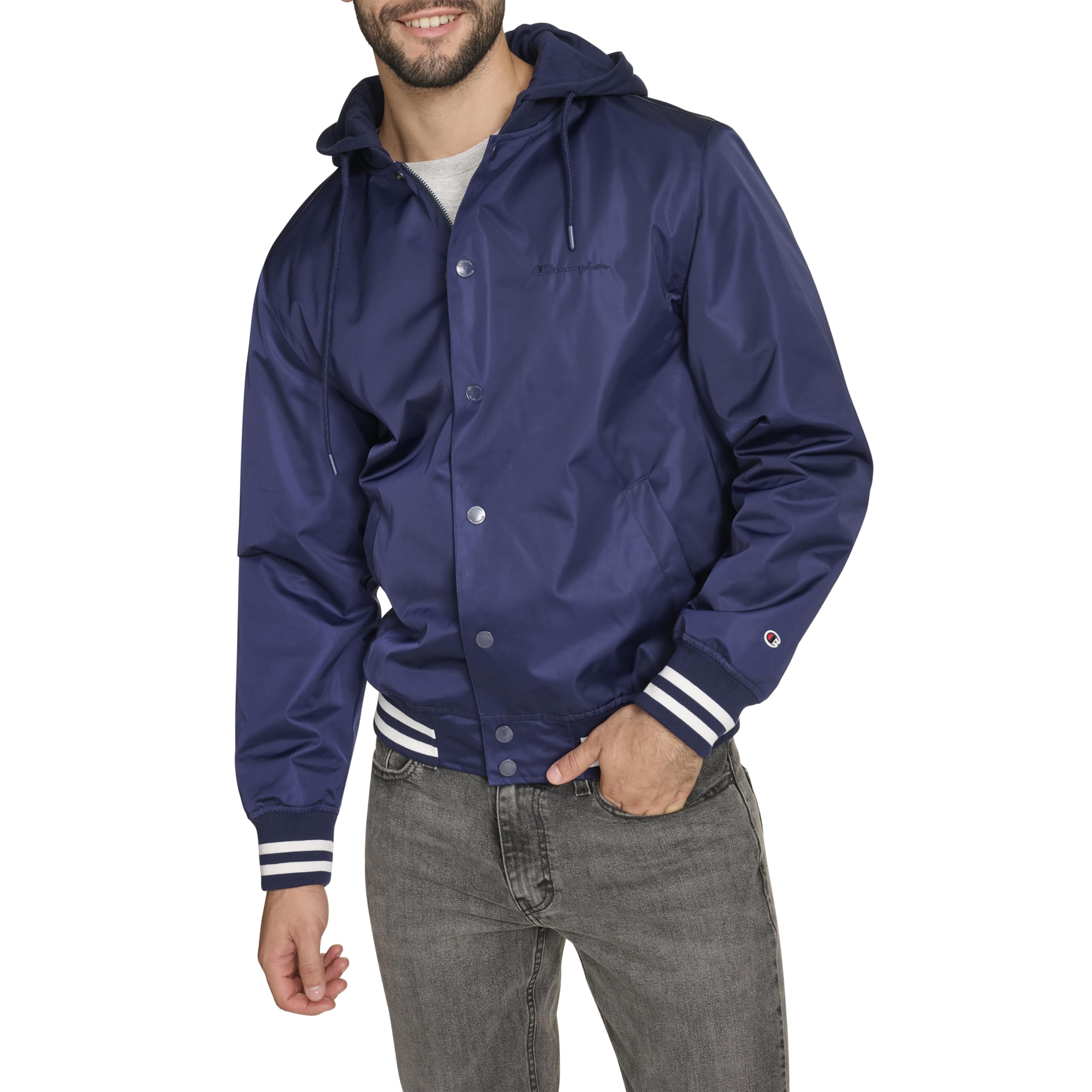 Photo 1 of Champion Men's Lightweight Varsity Jacket With Jersey Hood, Peacoat, XX-Large