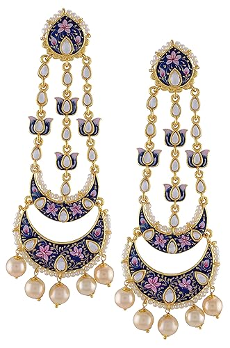Amrapali Malya Gold Plated Blue Pink Enamelled Lotus Pearl Moon Earrings for Women (BM(EER)17-29)