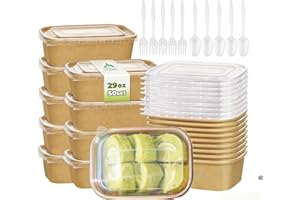 Kaderron 50 Pack 29 OZ Large Paper Bowls with Lids【with Spoons and Forks】, Heavy Duty Disposable Meal Prep Containers for Party, Disposable Bowls Bulk Soak-Proof and Microwave Safe for Hot/Cold Use