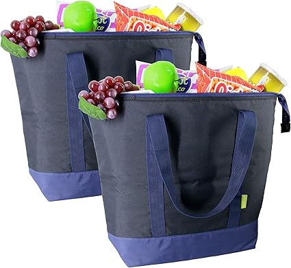 Amazon Co Jp 断熱食料品バッグ ホットコールド ジッパー付きトップ 冷凍食品 冷凍庫 防水 トートバッグ クーラー 旅行 ショッピング用 断熱バッグ 食料品用 2パック ブラック ネイビー Xl 強力で環境に優しい ホーム キッチン
