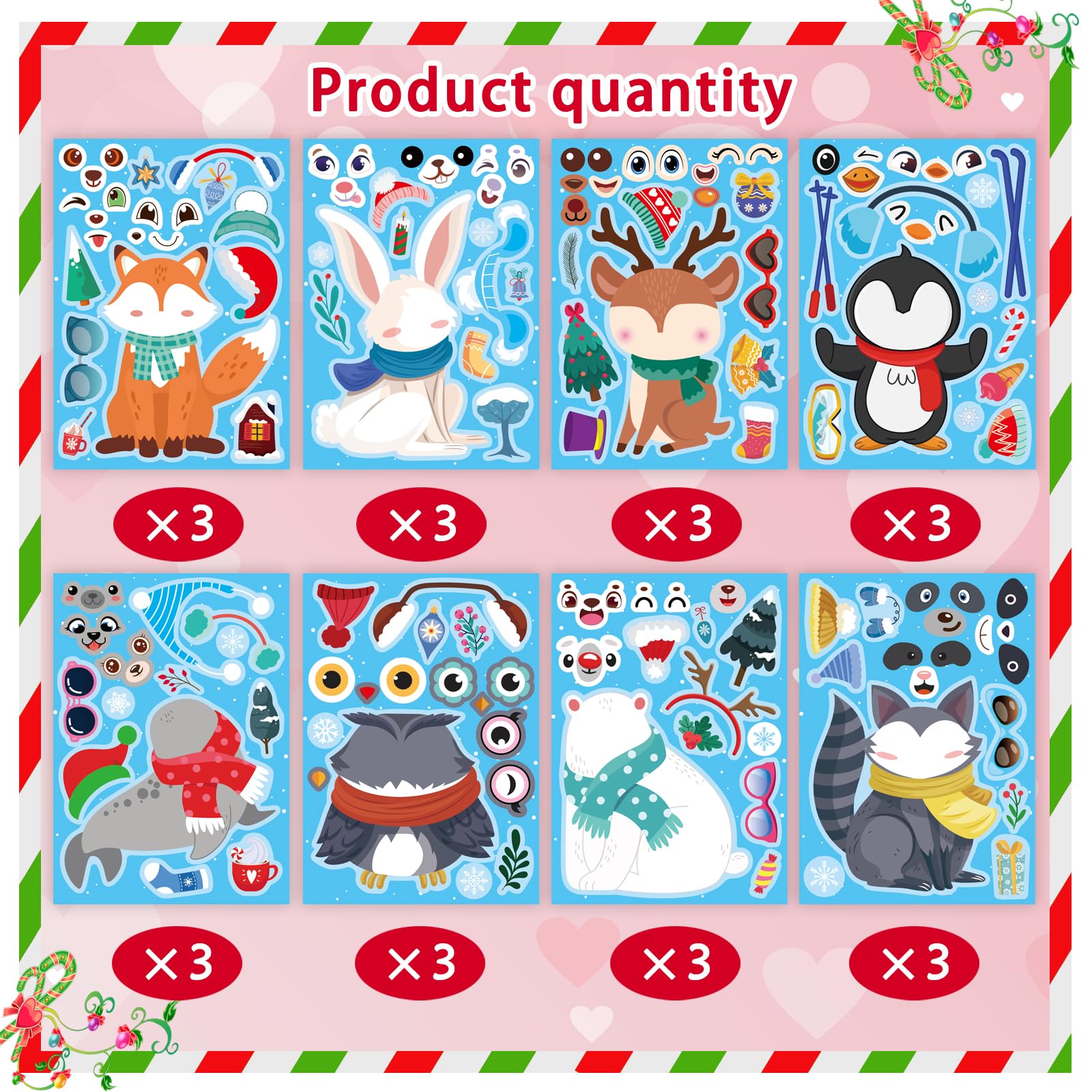 24 Sheets Winter Stickers for Kids Toddlers, Make-a-face Sticker Make Your Own Stickers 8 Designs of Animal Owl Penguin Snowman Bear Sticker Party Decorations Supplies