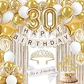30th Birthday Decorations for Her, Champagne Gold Happy 30th Birthday Banner Sash Crown Balloons Fringe Curtains, 30 Year Old Party Supplies & Gifts