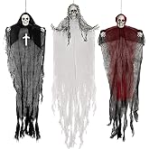 WeDoSoy Halloween Hanging Skeleton Ghosts, Halloweens Grim Reapers (3 Pack) | One 36” and Two 32” Halloween Flying Ghosts for Haunted House Prop Décor, Indoor/Outdoor Halloween Decorations