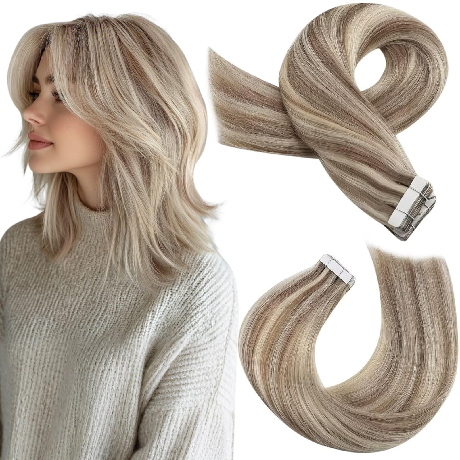 Moresoo Tape in Hair Extensions Human Hair Light Brown with Platinum Blonde Hair Extensions Tape in Real Human Hair 10 Inch 20 Pieces/30G #P9A/60 — image 1