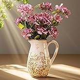Vintage Green and Beige Ceramic Pitcher Vase with Handle, Farmhouse Floral Decorative Vase, Rustic Table Centerpiece for Home Decor, Living Room, French Country Grand Millennial Decor 8.7 in