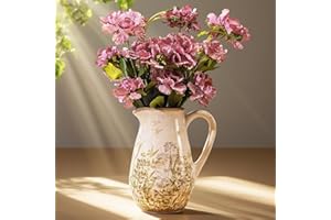 SURE YUESI Vintage Green and Beige Ceramic Pitcher Vase with Handle, Farmhouse Floral Decorative Vase, Rustic Table Centerpiece for Home Decor, Living Room, French Country Grand Millennial Decor 8.7 in