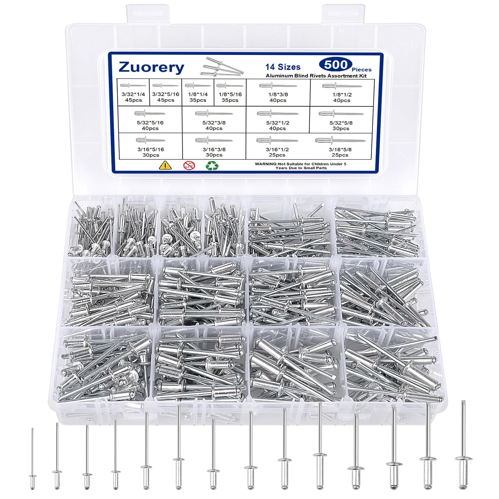 Photo 1 of Zuorery 500pcs Pop Rivets Assortment Kit, 14 Sizes Aluminum Blind Rivets (3/32" 1/8" 5/32" 3/16") Assorted Blind Rivets