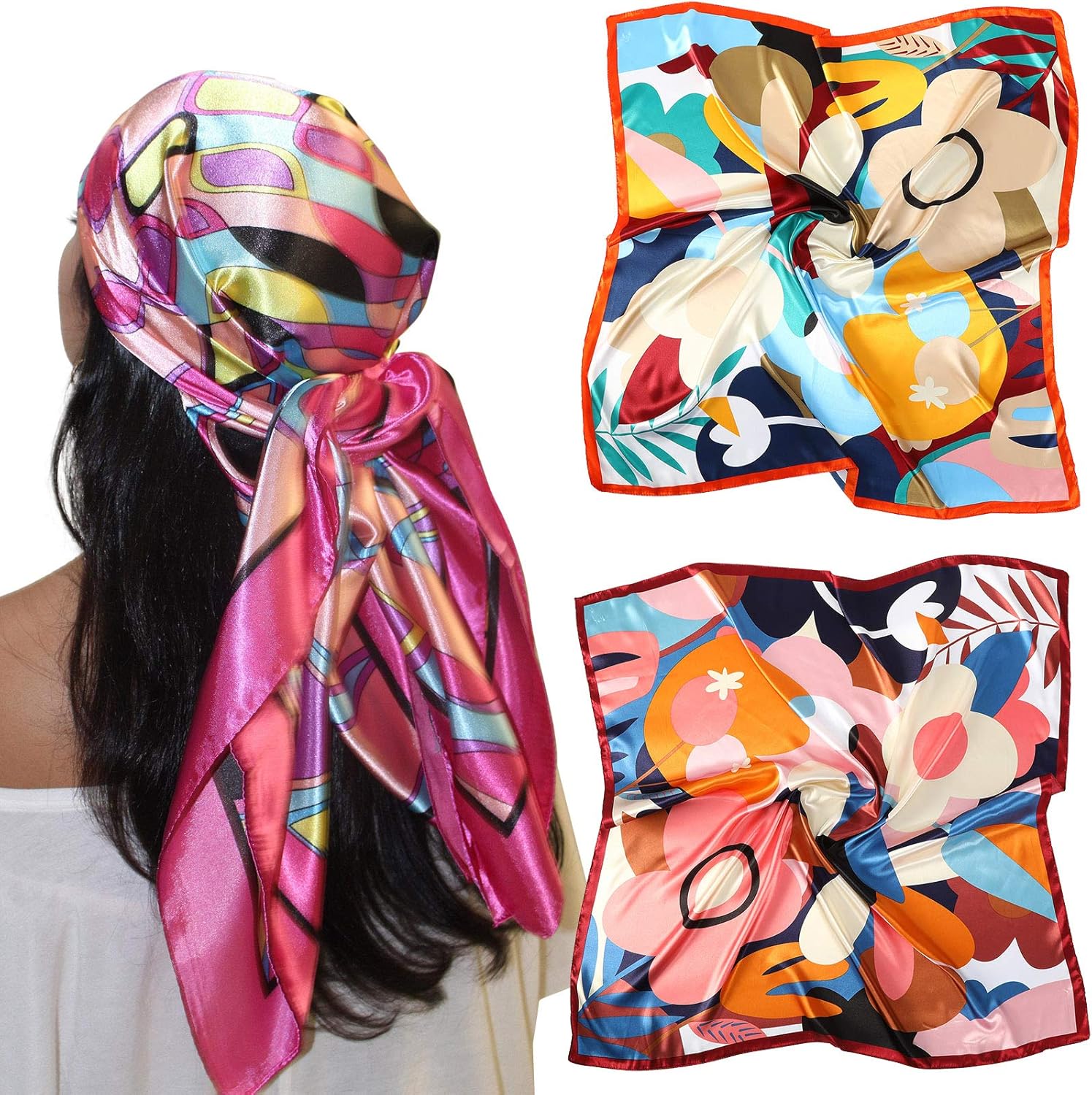 35” Large Satin Square Head Scarf - 2Pcs Silk Like Floral Head Scarves Square Satin Hair Scarf Bandanas for Women (Flower(Red/Yellow)) at  Women’s Clothing store
