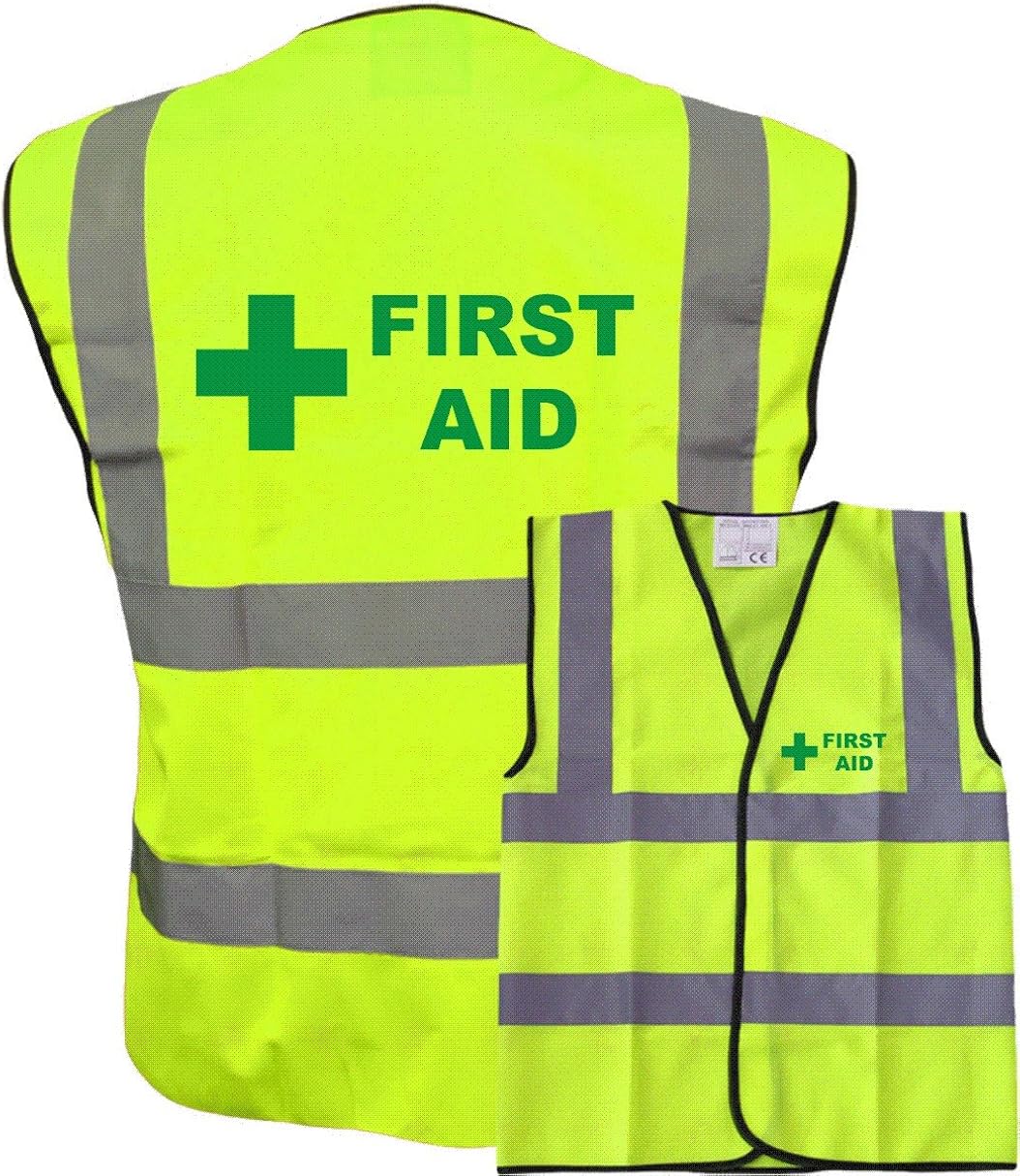 50 First Aid Yellow Hi Vis Viz Safety Vest Waistcoat, Reflective High Visibility EN471 BS