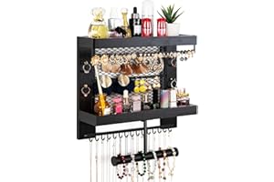 Pinzoveco Hanging Jewelry Organizer Wall Mounted With Wall Jewelry Organizer Holder For Necklaces Bracelet Earrings Ring (Black)