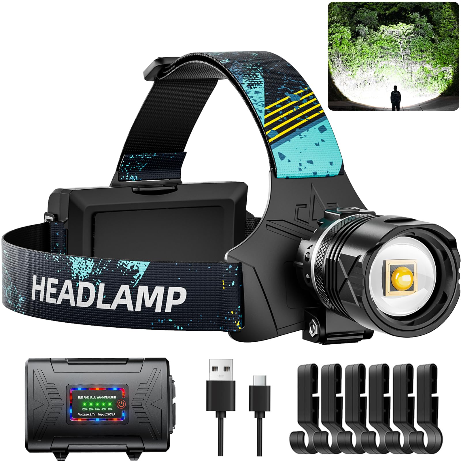 Photo 1 of Dszuu 3000 Lumens Super Bright Headlamp, Rechargeable LED Head Lamp, 90 Hour Battery Standby Head Light with 9 Modes, IPX7 Waterproof Zoom Headlamps, 125° Adjustable Headlight for Camping, Adults