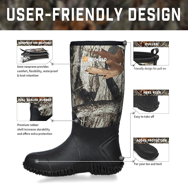 GIEESHIELD RUBBER BOOTS FOR MEN AND WOMEN, WATERPROOF INSULATED HUNTING & WORK BOOTS WITH STEEL SHANK, DURABLE ANTI-SLIP OUTDOOR BOOTS FOR FARMING, GARDENING, FISHING, MUD WORKING(BLACK, NEXT G2 CAMO)