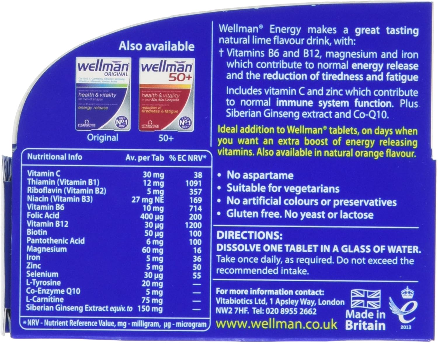 Wellman Energy Lime - 10 Dissolving, Multivitamins Effervescent Tablets for Man Natural Lime Flavour, 10 count (Pack of 1) - Image 3