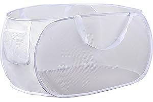 MOOMASS Collapsible Mesh Laundry Hamper - Easy to Open and Fold，With side pockets Handles for Kids Room,College Students Dorm or Travel (White)…