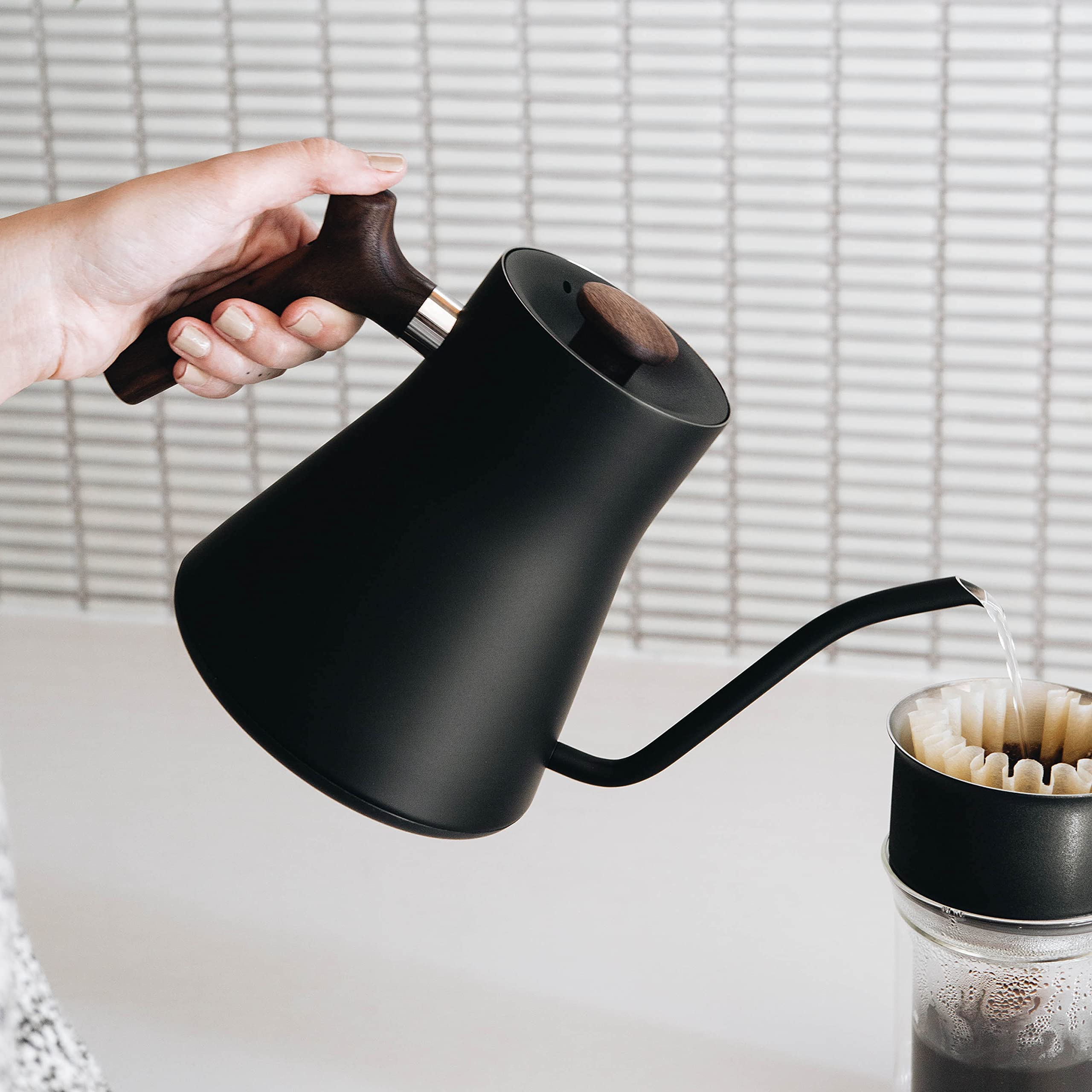 Fellow Stagg EKG Electric Gooseneck Kettle - Pour-Over Coffee and Tea Kettle - Stainless Steel Water Boiler - Quick Heating for Boiling Water - Matte Black With Walnut Handle