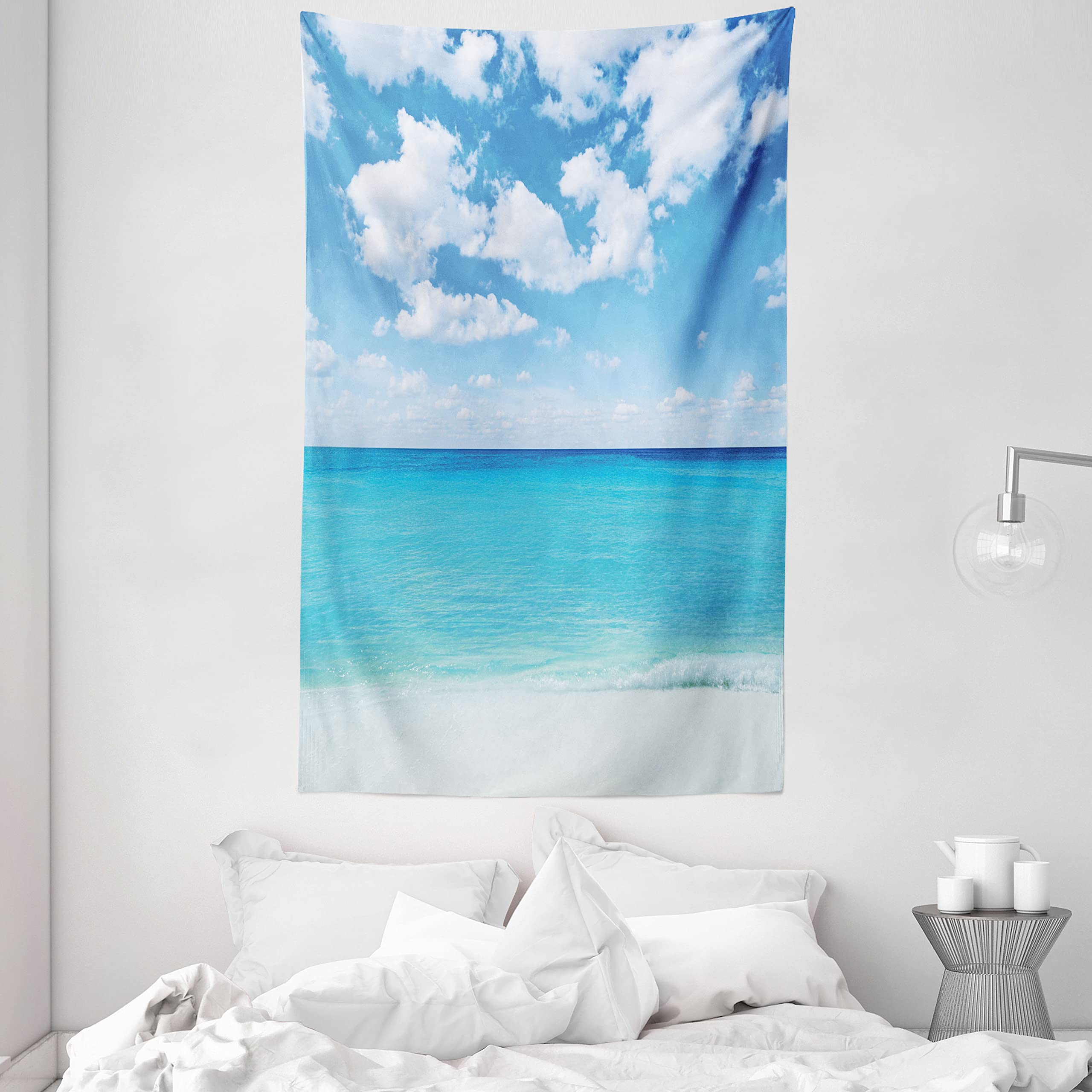 ABAKUHAUS Ocean Tapestry, Surreal Tropical Seascape with Dreamy Sea and Sky Paradise Coast Hawaiian Art, Fabric Wall Hanging Decor for Bedroom Living Room Dorm, 54 W X 90 L, Turquoise White