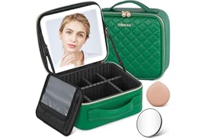 Aiborke Travel Makeup Bag with Led Mirror Makeup Case with Lighted Mirror Cosmetic Organizer bag with Adjustable Dividers and 5X Magnifying Mirror Gift for Women (Green)