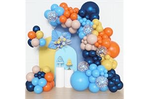 Amandir 153pcs Blue Orange Balloon Garland Arch Kit, Different Sizes 18 12 10 5 inch Navy Blue Yellow Latex Pearlescent Confetti Balloons for Girl Boys Blue Birthday Party Baby Shower Decorations