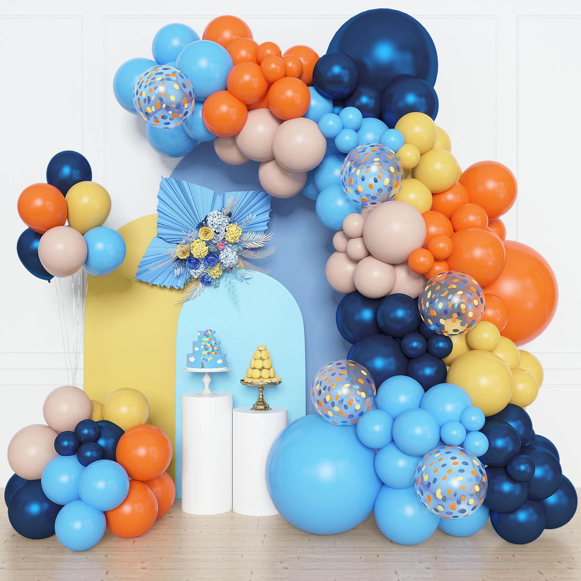 Photo 1 of Amandir 153pcs Blue Orange Balloon Garland Arch Kit, Different Sizes 18 12 10 5 inch Navy Blue Yellow Latex Pearlescent Confetti Balloons for Girl Boys Blue Birthday Party Baby Shower Decorations