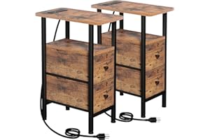 LOAKEKEL Narrow Nightstand with Charging Station, End Tables Living Room Set of 2, Skinny Side Table with Fabric Drawers, Slim Sofa Table for Bedroom, Small Spaces, Couch, Rustic Brown, HETNDP02PBR