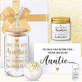 Yiyiring 6 Pcs Godmother Proposal Gift Will You Be My Godmother Gift Set with Glass Scented Candle Bath Bomb Keychain Card Box Set for God Mother Auntie from Godchild Baptism Easter(Auntie Style)