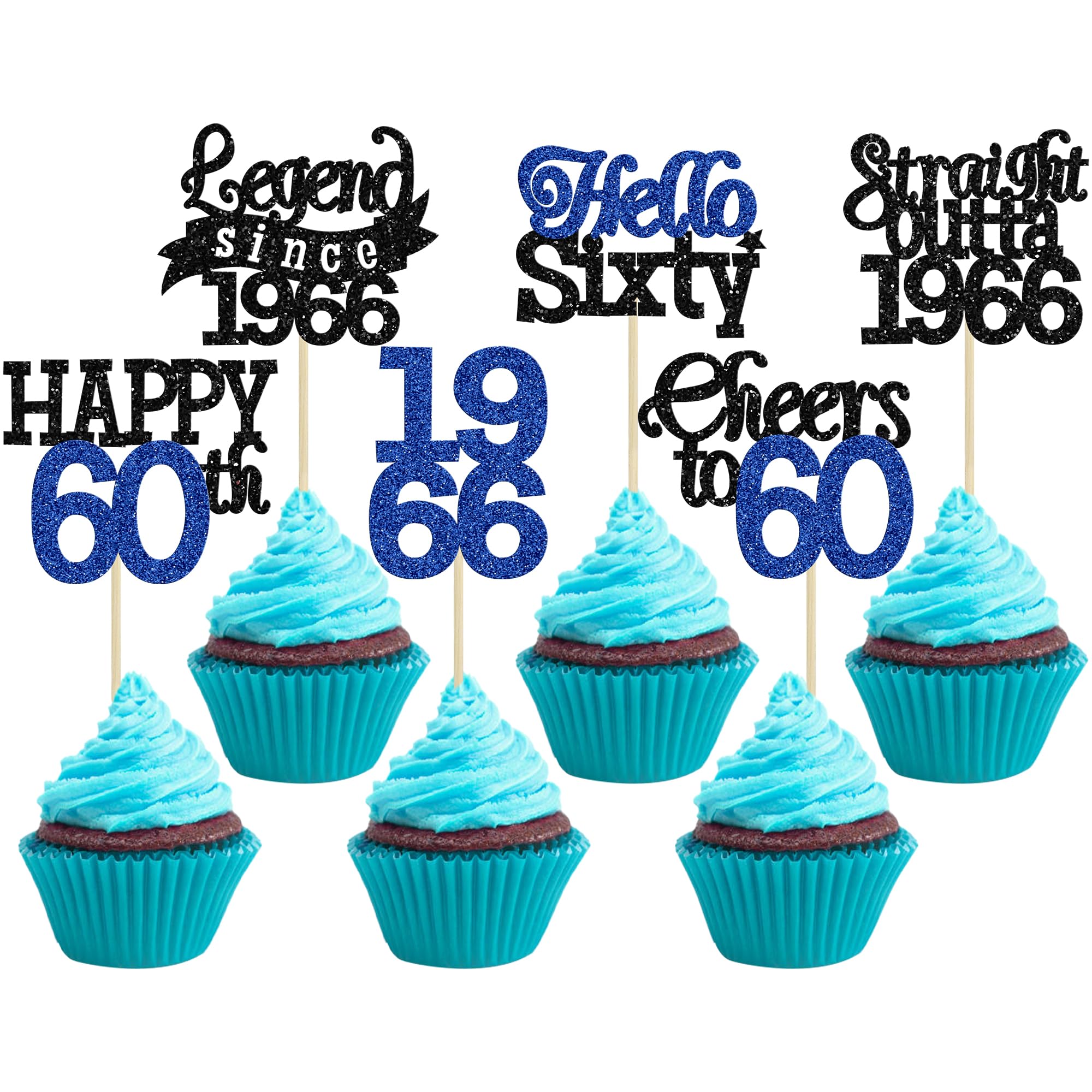 Gyufise 24Pcs Happy 60th Birthday Cupcake Toppers Hello Sixty Legend Since 1966 Cupcake Picks Cheers to 60 Years Cake Decorations for 60th Birthday Anniversary Party Supplies Black Blue