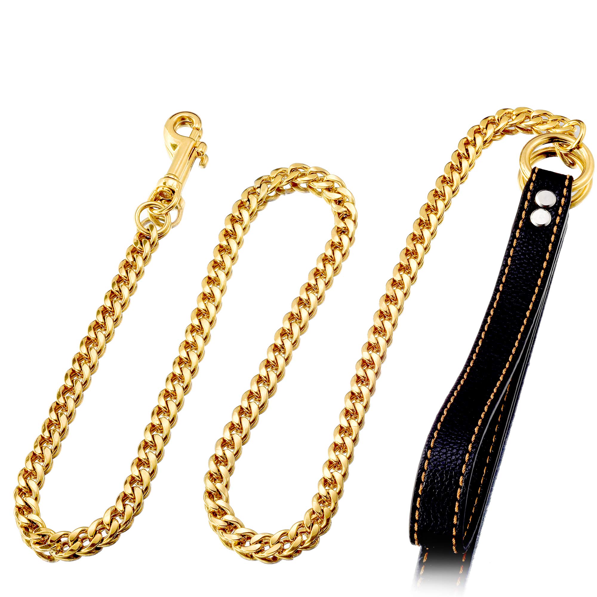 W/W Lifetime Chain Dog Leash Metal Chew Proof, Leather Handle 11mm Gold 18K, 4.5FT Heavy Duty Pet Leash Chain with Padded Handle for Large, Medium, Small Dogs