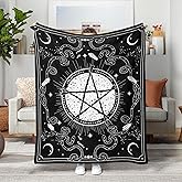Leeisysme Black and White Pentagram Fleece Throw Blanket, Gothic Witchy Blessed Pray Star Cozy Decor Nap Blankets Gift with Moon Star and Snake Stone Sofa Bed Couch Chair or Dorm Throws 40×50 inches