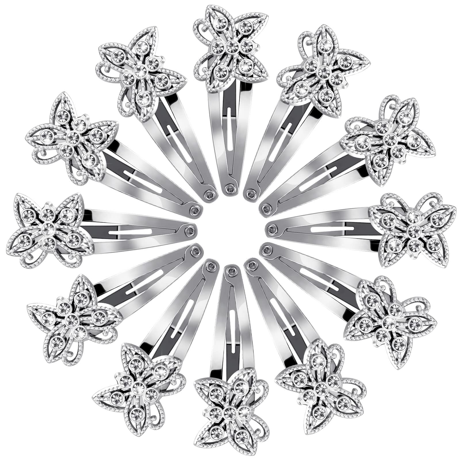 Photo 1 of Jexine 12 Pieces Hair Clips, Silver Butterfly Rhinestone Barrettes for Women, Hair Snaps for Girls, Shining Hair Barrette Hairpins Hair Accessories for Wedding