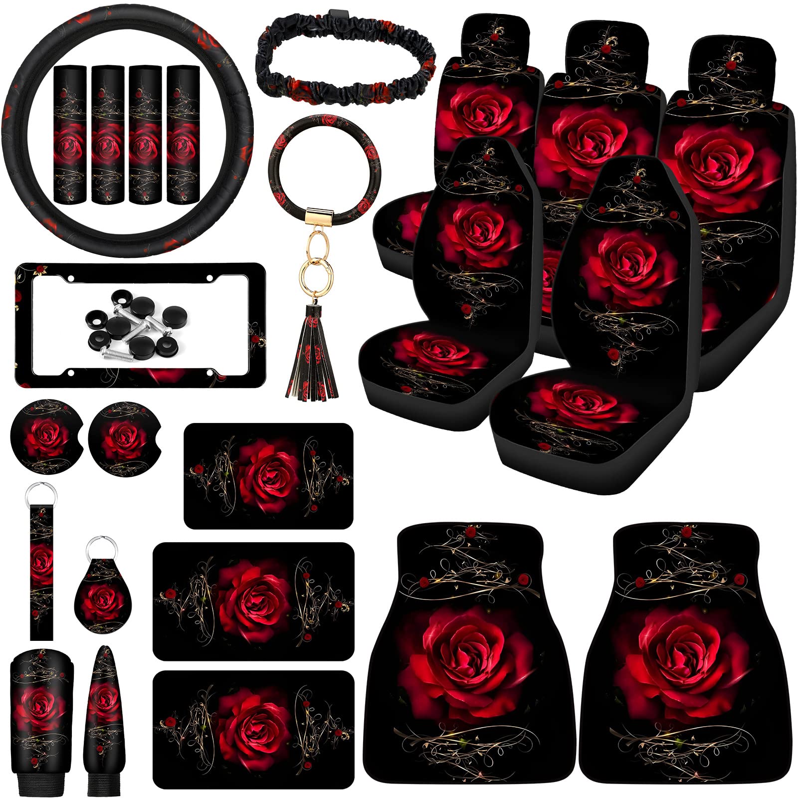 Photo 1 of Moukeren 26 Pcs Red Rose Car Seat Covers Full Set Rubber Steering Wheel License Plate Frame Armrest Seatbelt Mirror Covers Rose Flower Car Accessories for Truck SUV