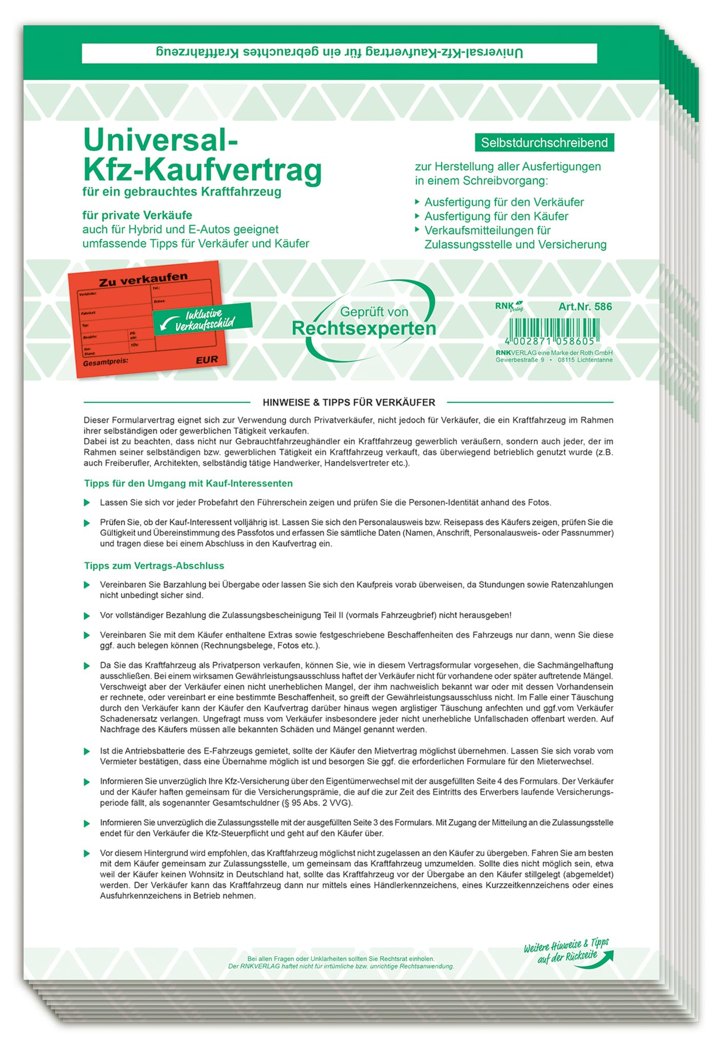 RNK 586/10 Used Car Purchase Agreement Form (German) DIN A4 Pack of 10