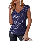 FOLUNSI Womens Sparkly Sequin Tops Cowl Neck Cap Sleeve Glitter Evening Cocktail Blouse Party Shirt