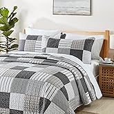 HIARUO Quilt Set Queen Size, 3 Pieces Bedspread Coverlet Plaid Patchwork Quilt Farmhouse Queen Size Comforter Set Lightweight Bedding with 2 Pillow Covers Shams for All Season Gray Brown White