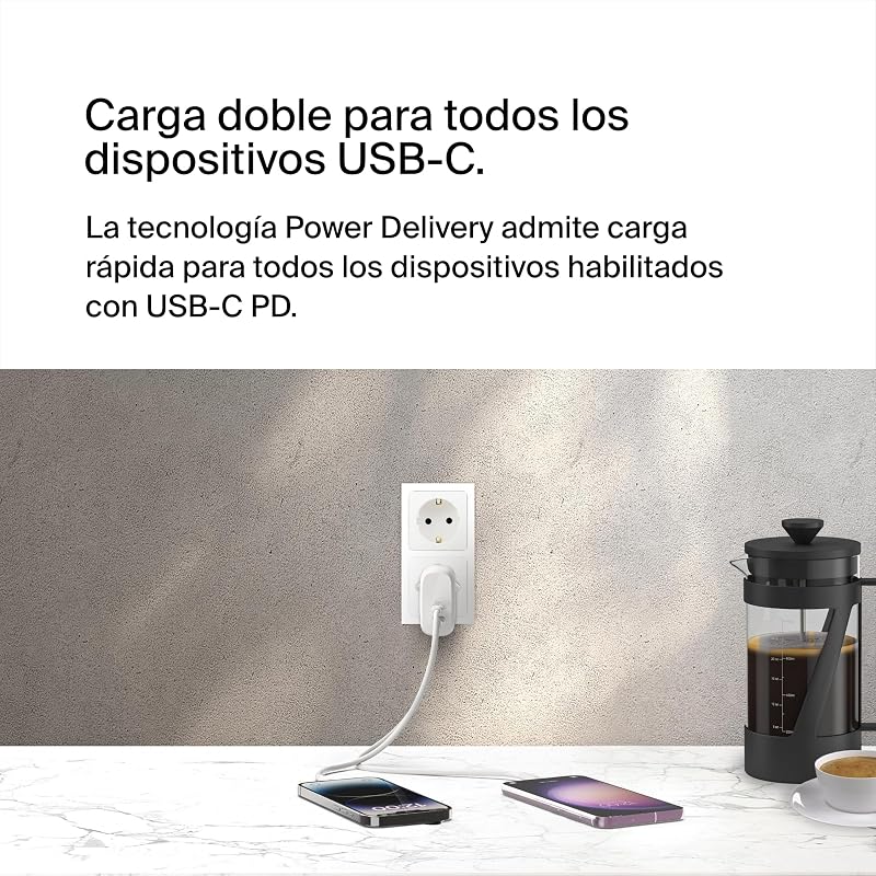 Carregador de parede belkin boostcharge dual usb-c com 60 w pps, carregador usb para iphone 16, 15 e ipad, samsung galaxy e google pixel, compatível com cabos usb-c para lightning e cabos usb-c para usb-c