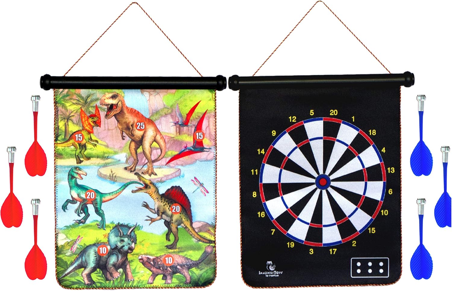 Dinosaur Magnetic Dart Board Game Set for Kids and Adults | 17 x 14 inch Double Sided Dartboard and 6 Magnetic Darts | Dinosaur Theme on Front and Standard Board on Reverse | Indoor and Outdoor Play : Sports & Outdoors