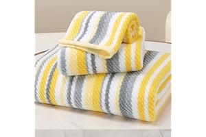 VOOVA & MOVAS Bath Towels with Hanging Loops, 3PC Striped Towels - 100% Cotton, Quick Dry, Soft, Absorb & Lightweight, 1 Bath 28"x52", 1 Hand 16"x27", 1 Washcloth 13"x13", Shower Towel Decorative Set, Yellow + Gray