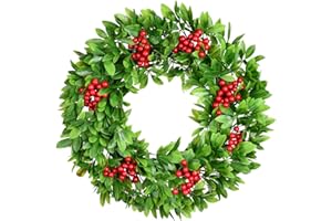 Lvydec Red Berry Christmas Wreath Clearance - 15 Inch Artificial Schefflera Green Wreath with Red Berries for Christmas Front Door Window Fireplace Decoration
