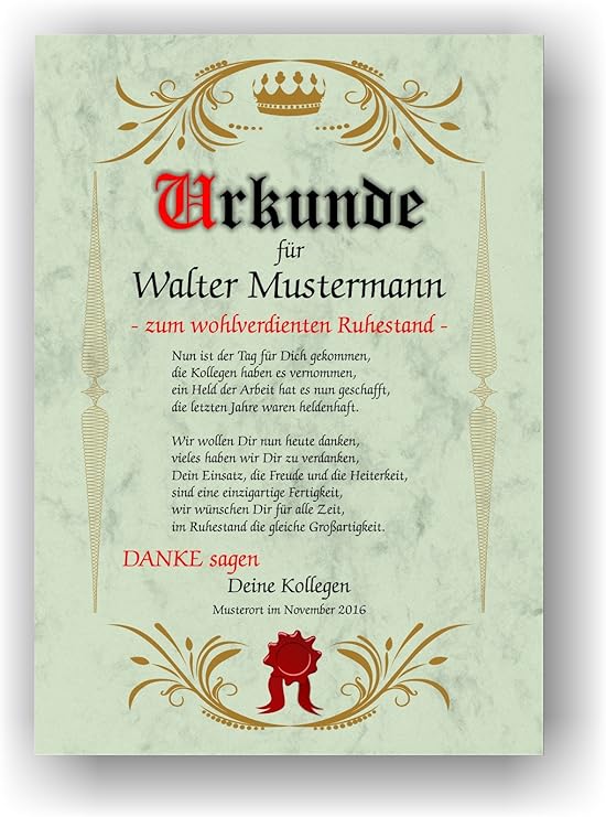 Ruhestand Urkunde persönliches Geschenk zur Rente Geschenkidee zum