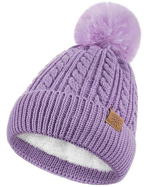 Winter Hats for Kids - Kids Beanie, Toddler Knit Girls Winter Hat with Cute Pom-Pom Warm Fleece, Knit Girls Hat, Purple