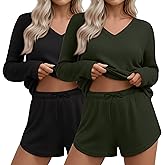 Yearntown 2 Pack Women's Waffle Knit Lounge Sets Long Sleeve V Neck Pajama Sets Tops and Shorts Loungewear with Pockets