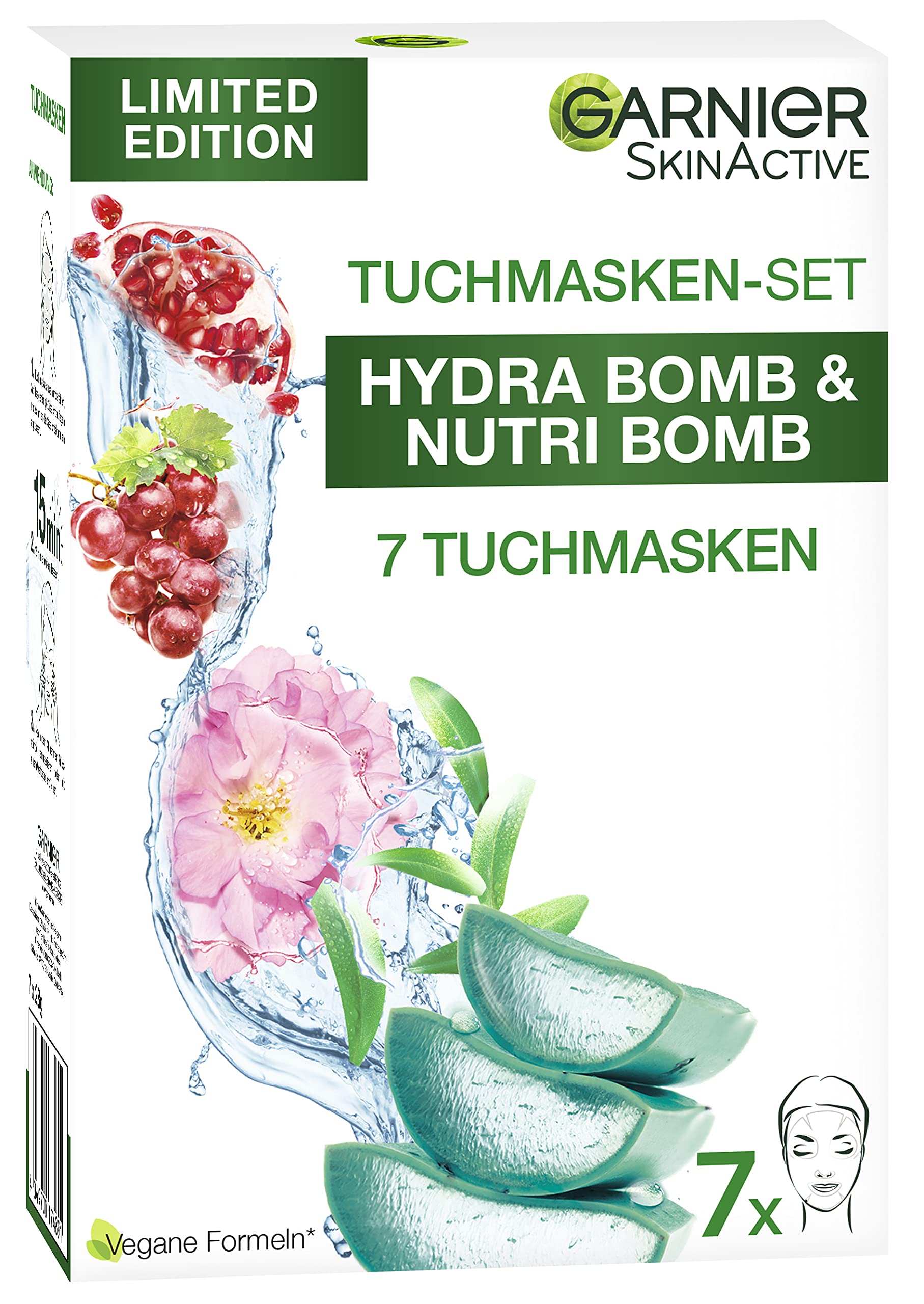 Garnier tissue Mask Set for All Skin Types, 7 Face Masks for Dry to Normal Skin and Combination Skin, Vegan Formula with Hyaluronic Acid, Limited Edition, Hydra Bomb and Nutri Bomb Mask Set, 7 x 28 g