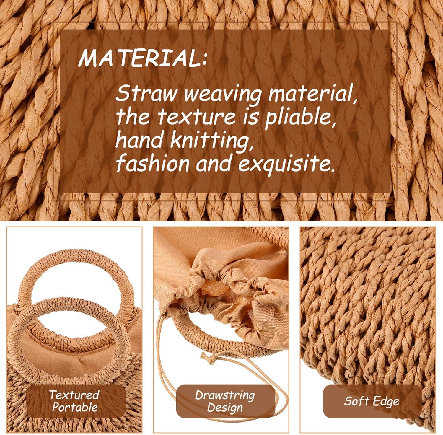 Frienda Straw Tote Bag Summer Beach Bag Handmade Straw Woven Handbag for Women Travel khaki, 12.6 x 7.87 x 8.66 Inch - Image 4