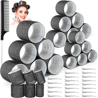 Thrilez 39Pcs Hair Roller Set with Clips 3 Sizes Jumbo 63/48/36mm Black