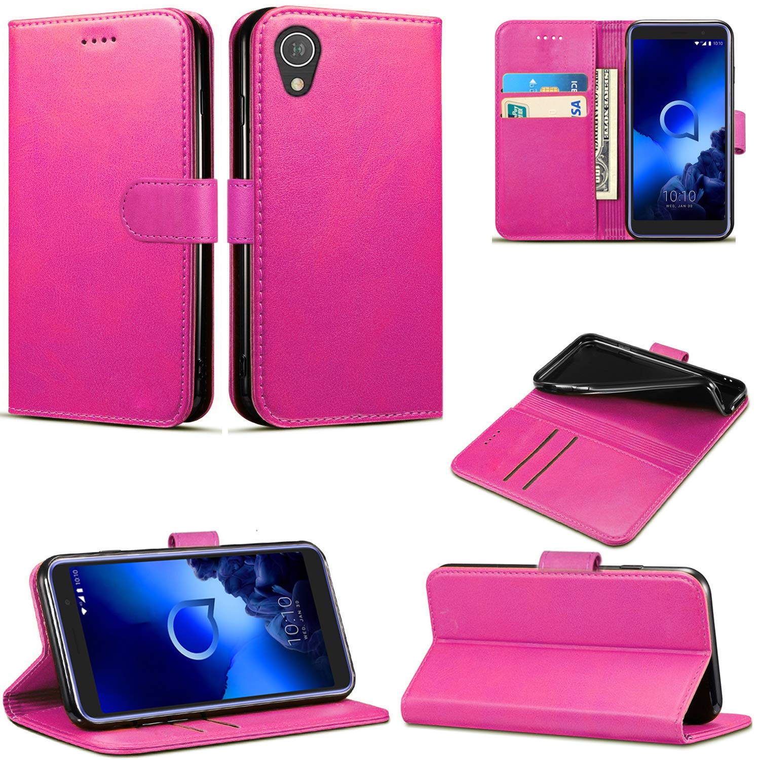 Mobile Stuff Alcatel 1 (5033X) Case, Leather Case Flip Folio Book Case Wallet Cover with Magnetic Closure & Kick Stand For Alcatel 1 (Pink)