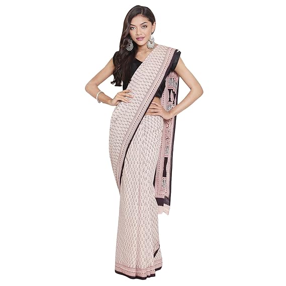 Off-White & Maroon Bagh Block Print Handcrafted Cotton Saree MYBASA0021