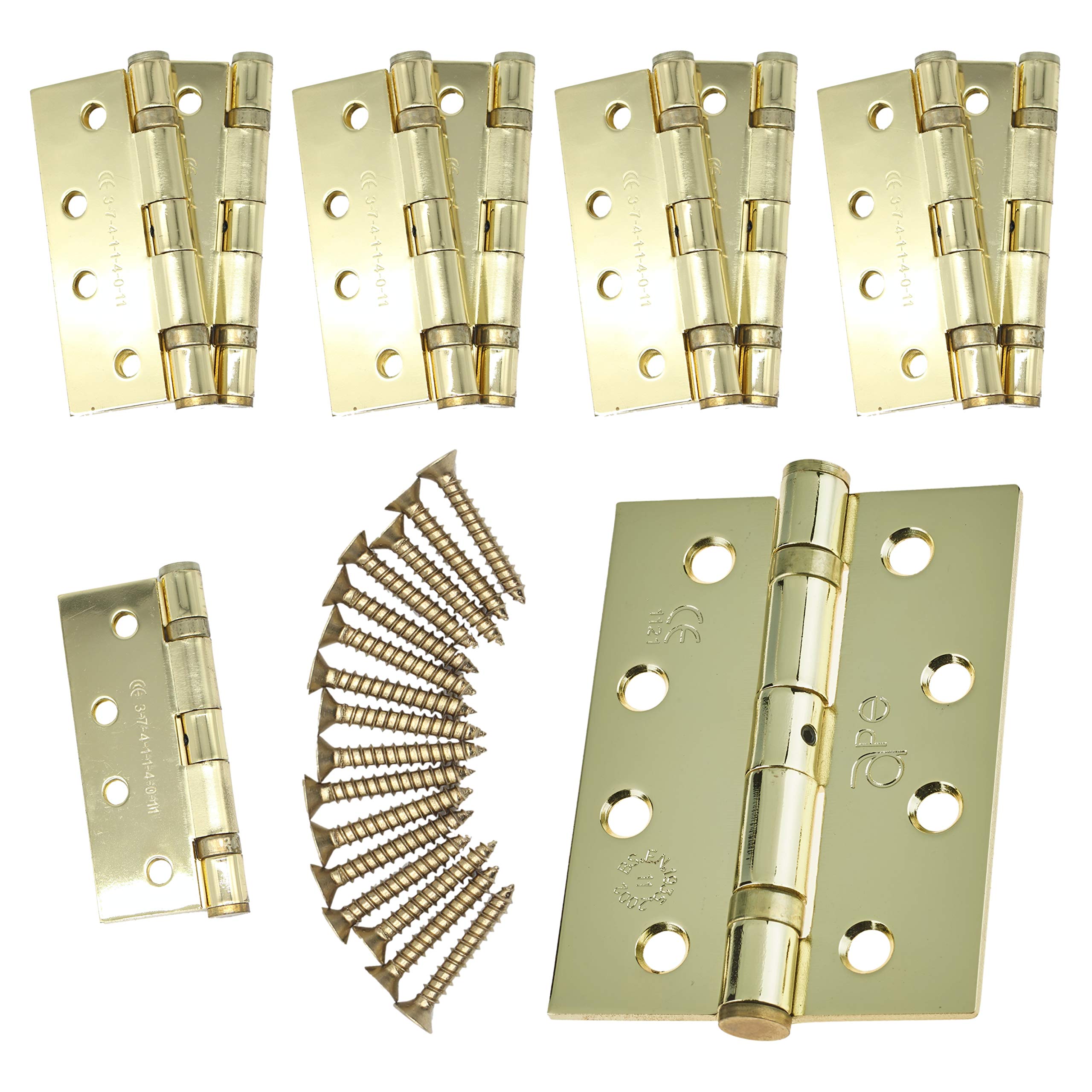 Door Hinges 4" 102mm Ball Bearing 5 Pair Pack [10 Hinges & Screws] Polished Brass Finish