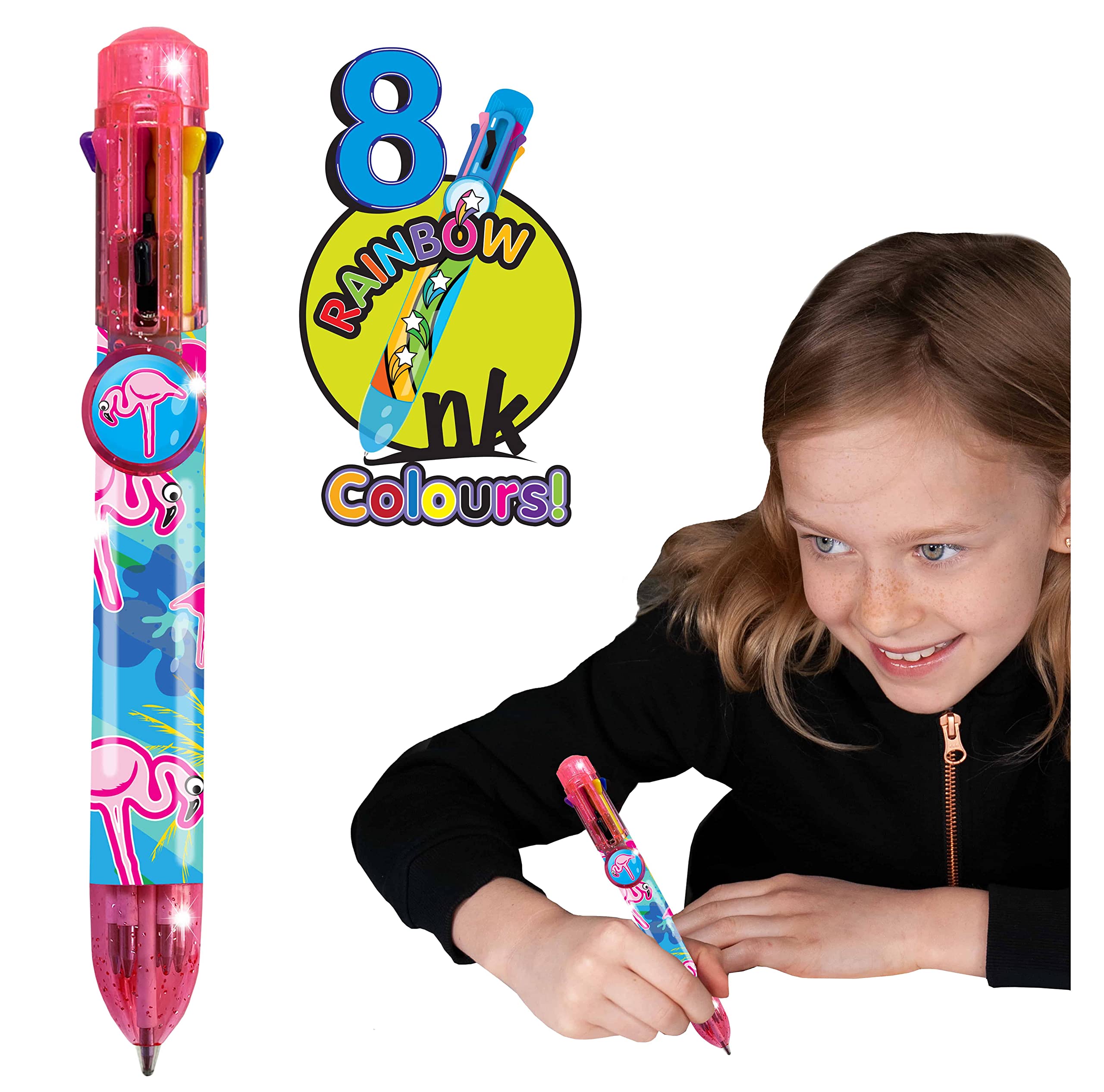 Rainbow Writer - Flamingo Pen by Deluxebase. 8-in-1 Multicolour Retractable Ballpoint Pen with a Pink Glitter Barrel, Fun Novelty Kids Stationery, School Supplies or Party Bag Filler.