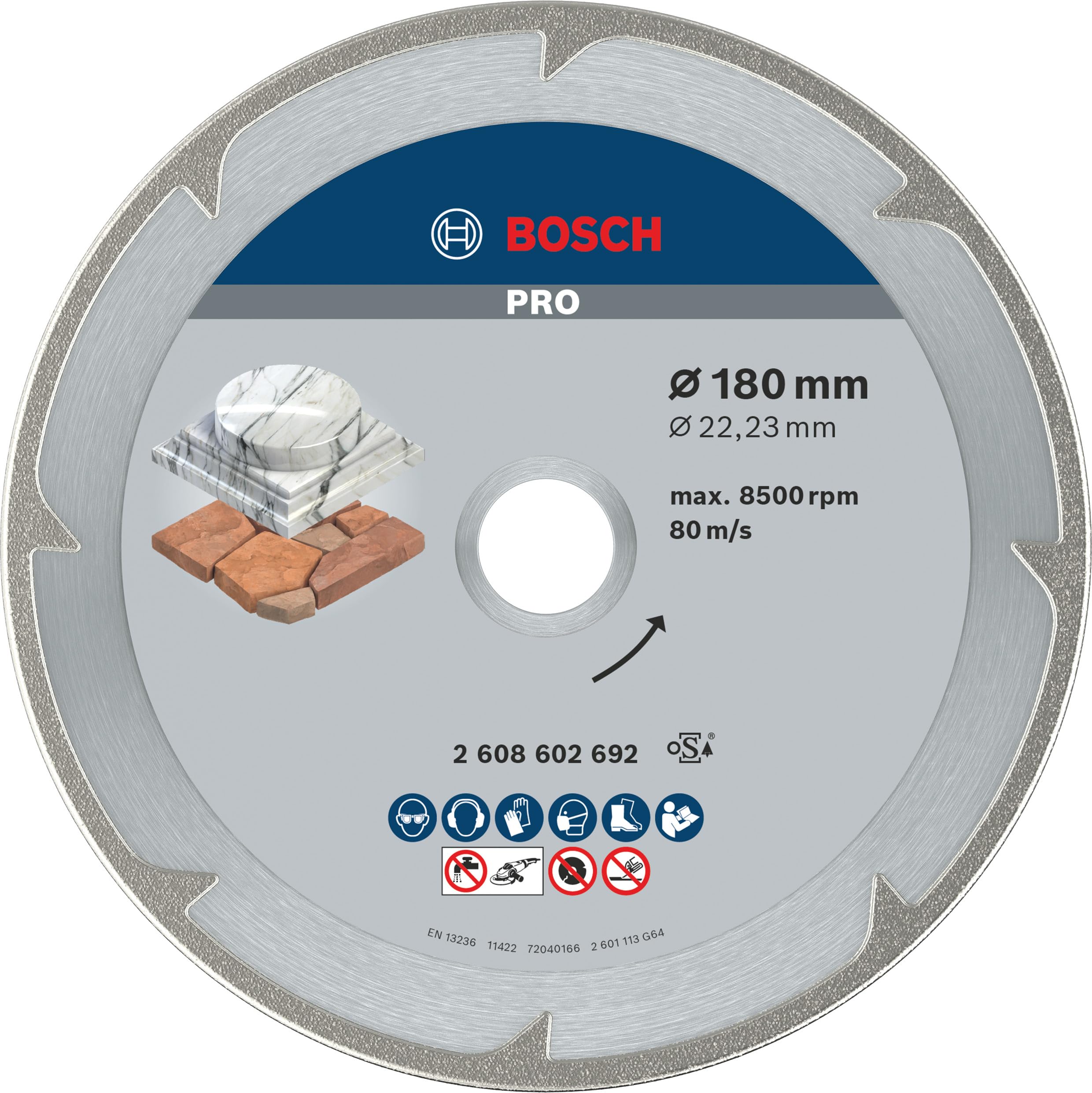 Bosch 1x PRO Marble Diamond Cutting Disc for Bore 22.23 and Large Angle Grinders (for Soft stone, Marble, Ø 180 mm, Professional Accessory Large Angle Grinder)