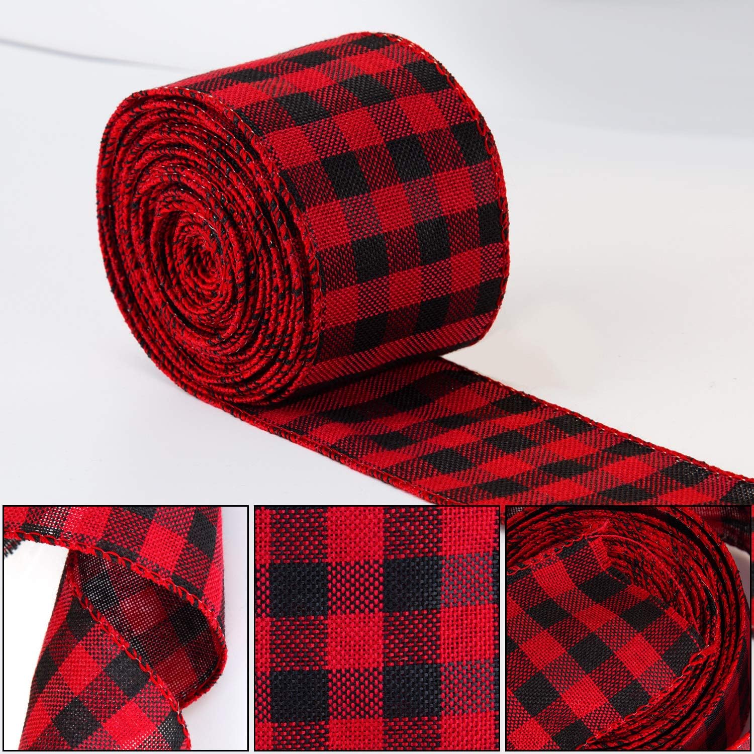 LUTER 2.36 Inch Red and Black Plaid Burlap Wired Ribbon, Buffalo Plaid Wrapping Ribbon for Christmas Ornaments Wedding - Image 4