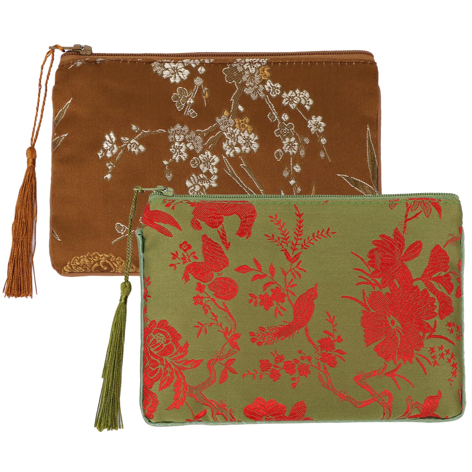 kilofly Chinese Silk Brocade Padded Tassel Zipper Jewelry Pouch Bag, Set of 2